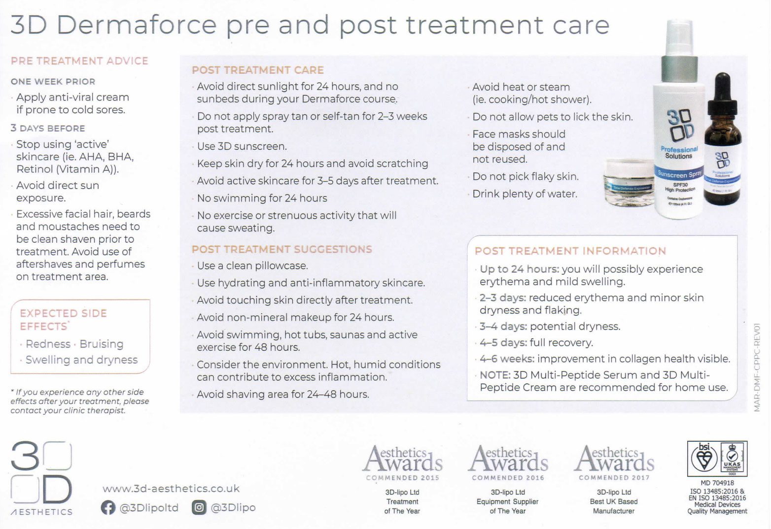 3D Dermaforce pre and post treatment care instructions.